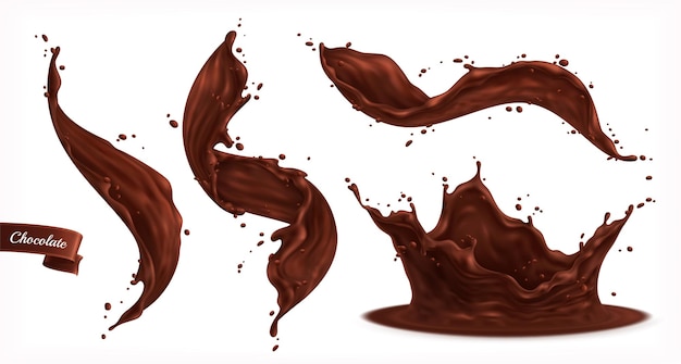 Conjunto de salpicaduras de chocolate aislado con pequeñas gotas y flujos con curvas