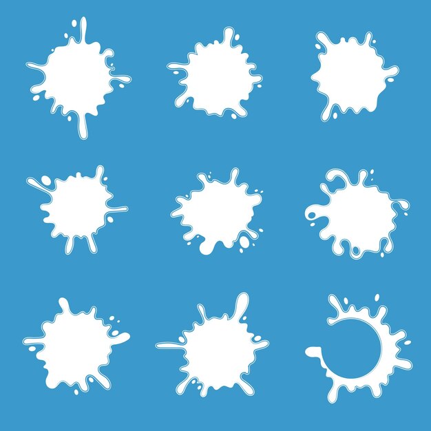 Conjunto de salpicaduras. Siluetas vectoriales de gotas, salpicaduras y manchas de líquido o agua.