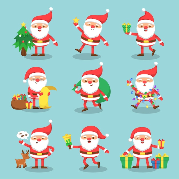Conjunto de Santa Claus con presente y nieve sobre fondo verde para tarjeta de Navidad y año nuevo, personaje de dibujos animados