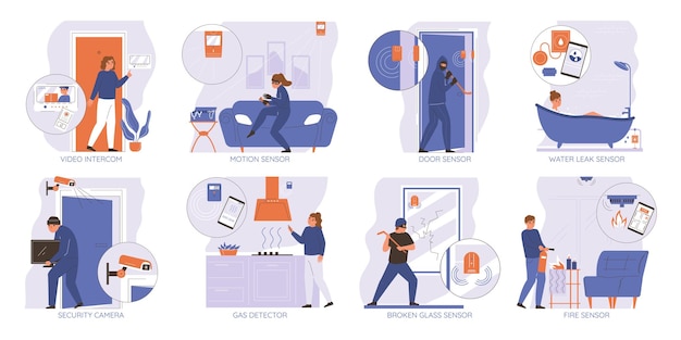 Vector gratuito conjunto de seguridad para el hogar con símbolos de sensor de movimiento ilustración vectorial aislada plana