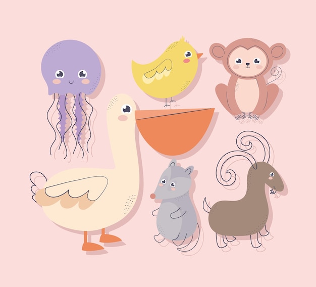 Vector gratuito conjunto de seis animales lindos