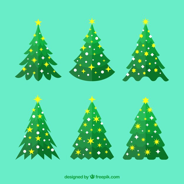 Conjunto de seis árboles de navidad con estrellas y círculos
