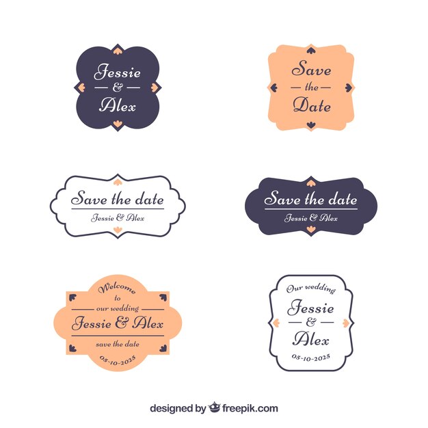 Conjunto de seis etiquetas de boda