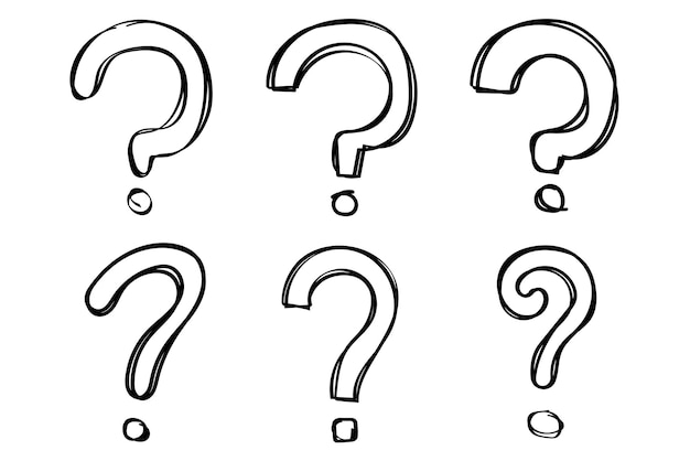 Conjunto de seis signos de interrogación garabatos dibujados a mano