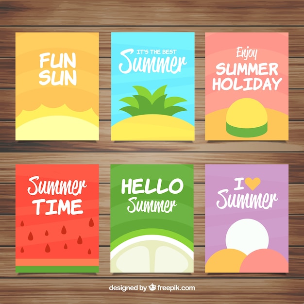 Vector gratuito conjunto de seis tarjetas de verano