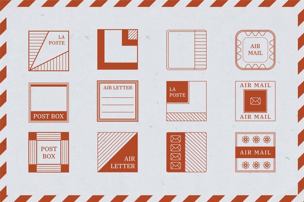 Conjunto de sellos de correo de diseño plano