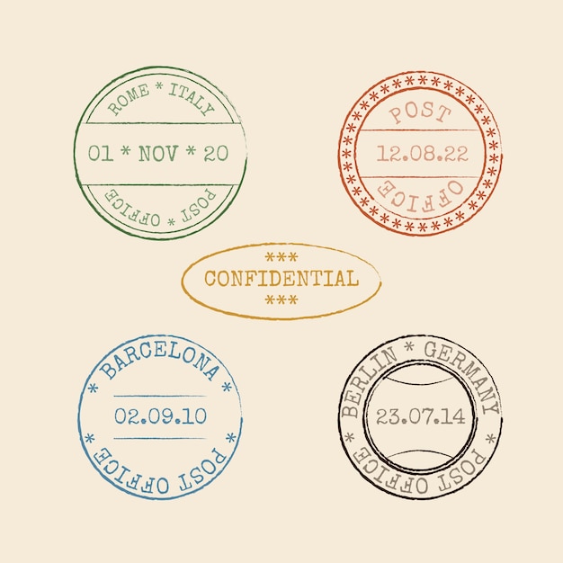 Conjunto de sellos de correo de diseño plano