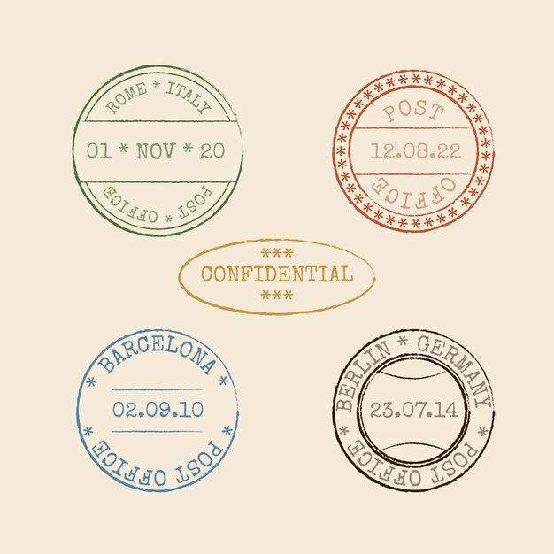 Conjunto de sellos de correo de diseño plano