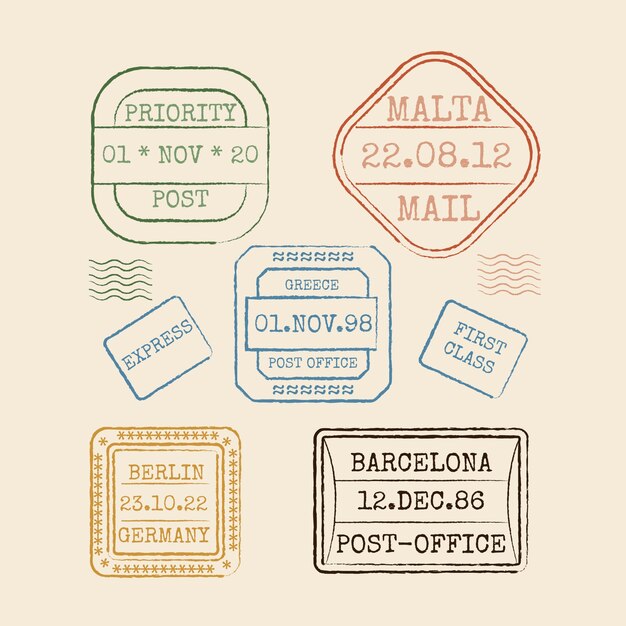 Conjunto de sellos de correo de diseño plano