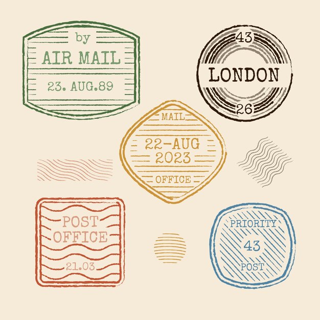 Conjunto de sellos de correo de diseño plano