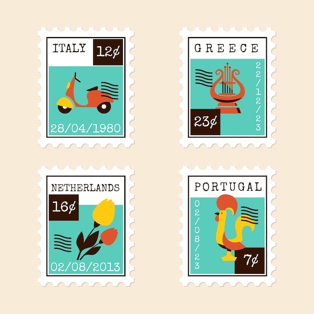 Conjunto de sellos de correo de diseño plano