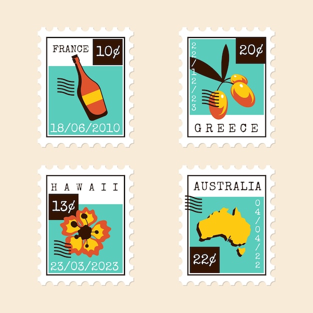 Conjunto de sellos de correo de diseño plano