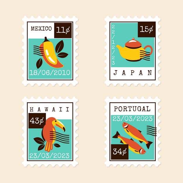 Conjunto de sellos de correo de diseño plano