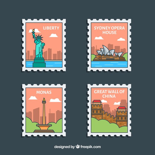 Conjunto de sellos históricos con ciudades y monumentos