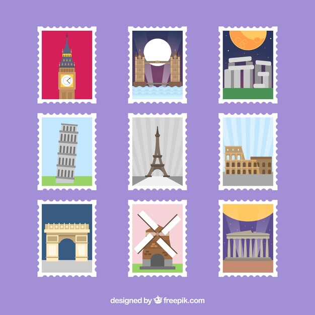 Conjunto de sellos históricos con ciudades y monumentos