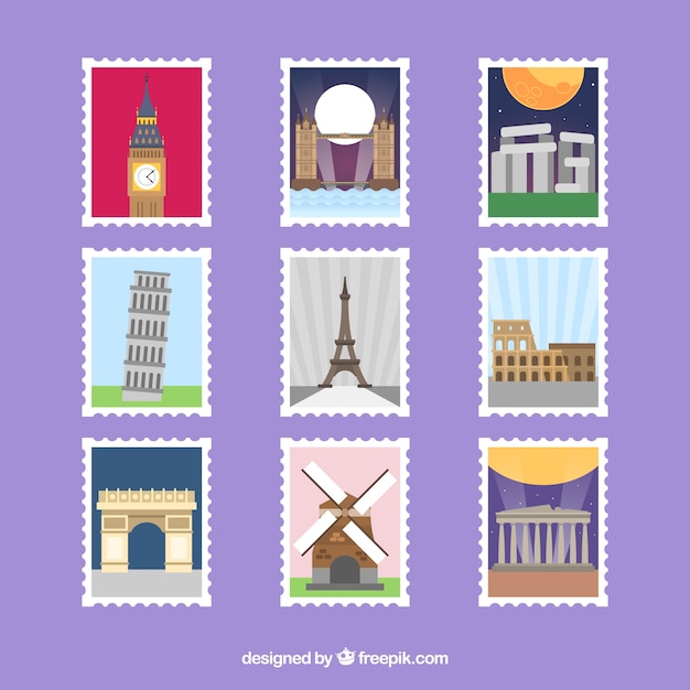 Conjunto de sellos históricos con ciudades y monumentos