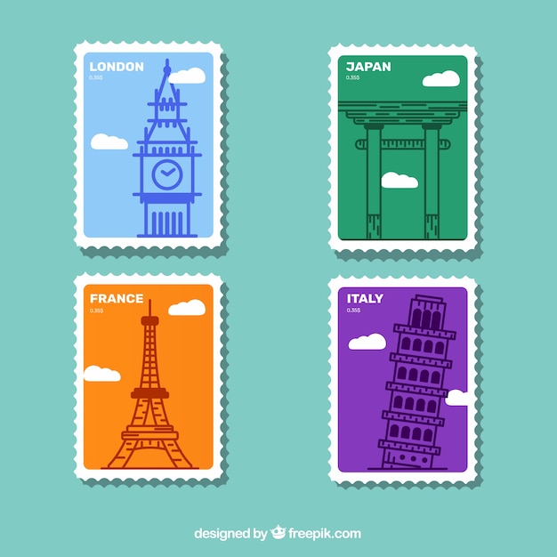 Conjunto de sellos históricos con ciudades y monumentos