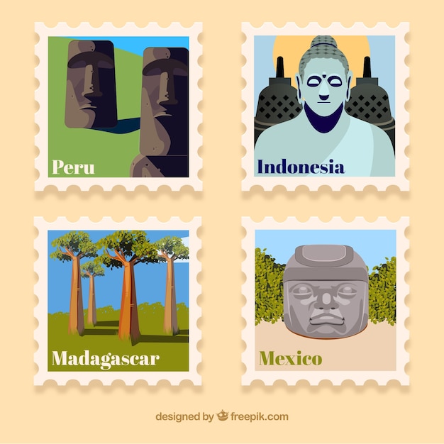 Conjunto de sellos históricos con ciudades y monumentos