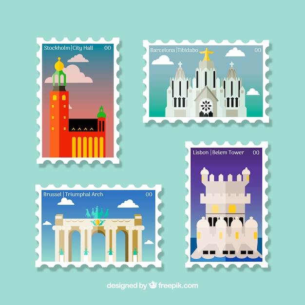 Conjunto de sellos históricos con ciudades y monumentos