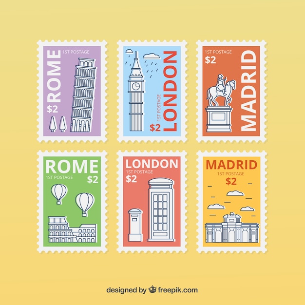 Conjunto de sellos históricos con ciudades y monumentos
