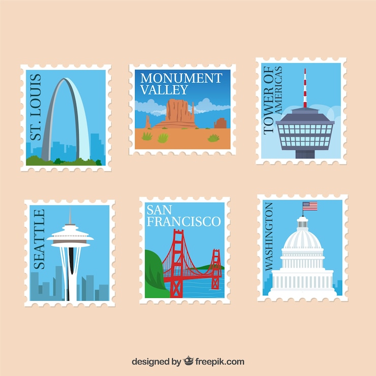 Vector gratuito conjunto de sellos históricos con ciudades y monumentos