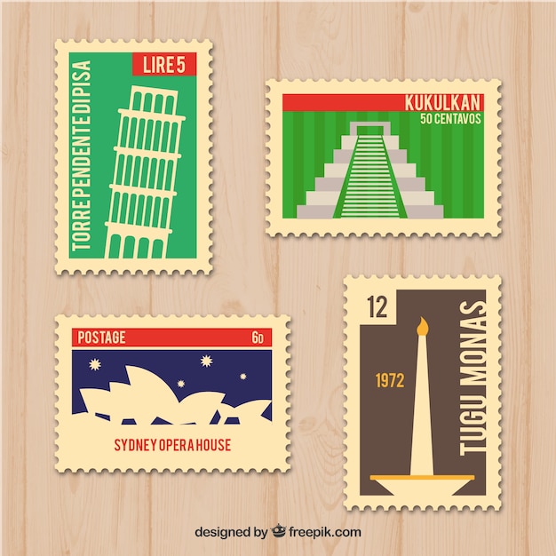 Vector gratuito conjunto de sellos históricos con ciudades y monumentos