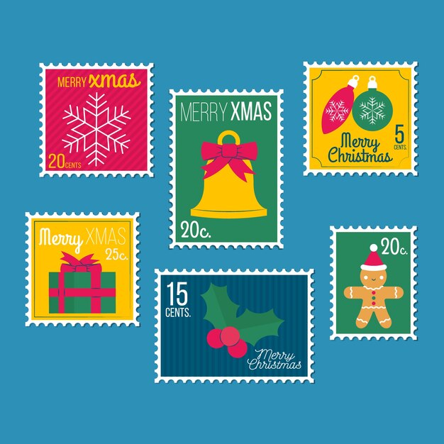 Conjunto de sellos de navidad de diseño plano