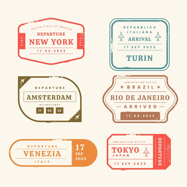Conjunto de sellos de pasaporte de diseño plano