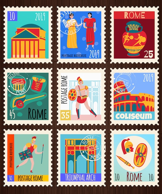 Conjunto de sellos postales del antiguo imperio roma