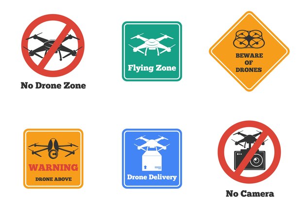 Conjunto de señales de drones prohibidos y de advertencia de varias formas y colores aislados