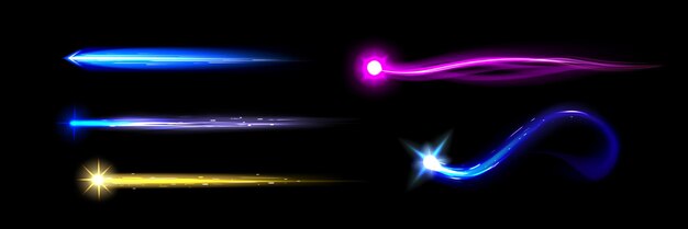Conjunto de senderos de luz de misiles aislados en fondo negro Vector ilustración realista de flecha de energía mágica de cohete efectos de movimiento de arma láser futurista en colores amarillo púrpura azul neón