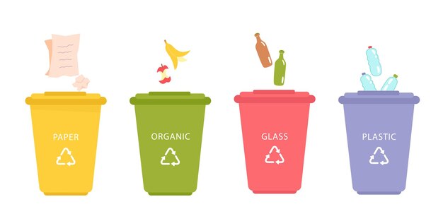 Conjunto de separación de basura con basura para separar la colección de clasificación educativa infográfica con contenedores de basura que clasifican la basura reciclada aislada en blanco
