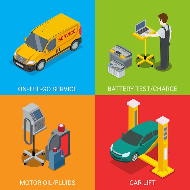 Conjunto de servicio de coche de inspección técnica. Ilustración de sitio web de vehículo de comprobación isométrica. Prueba de batería, carga de aceite de motor, líquido, elevador de automóviles, computadora, diagnóstico automático sobre fondo de color