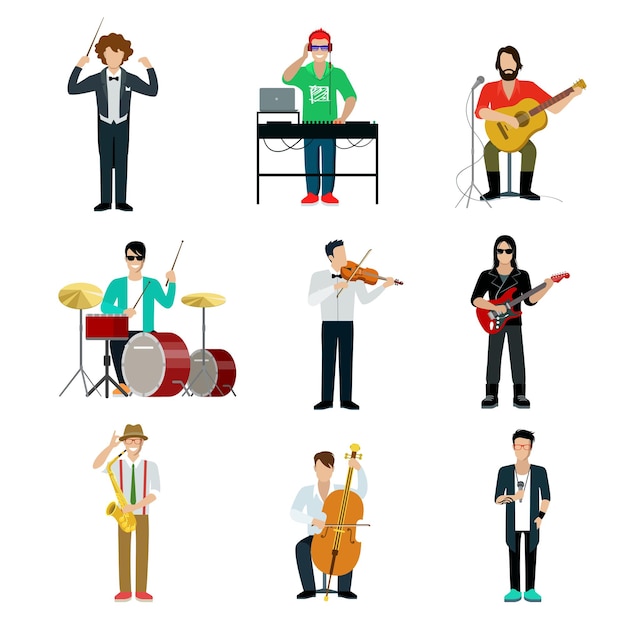 Vector gratuito conjunto de showman de músicos. guitarrista, baterista, pianista