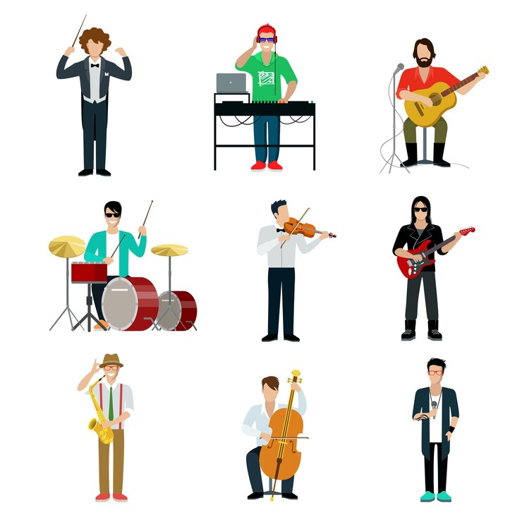 Vector gratuito conjunto de showman de músicos. guitarrista, baterista, pianista