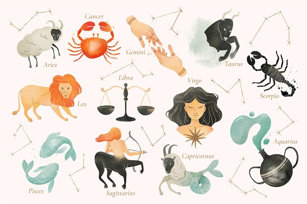 Conjunto de signo del zodiaco acuarela pintado a mano