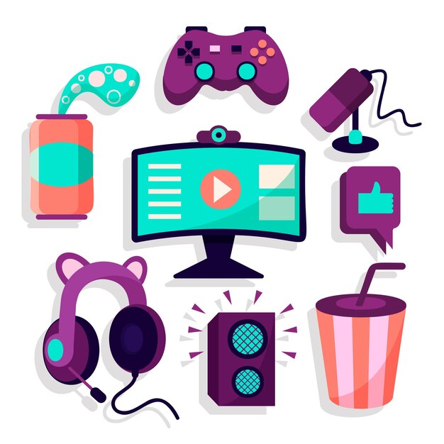 Conjunto de signos de juegos en línea Jugador de videojuegos con consola de computadora joystick Ilustración vectorial para vallas publicitarias, carteles, pancartas
