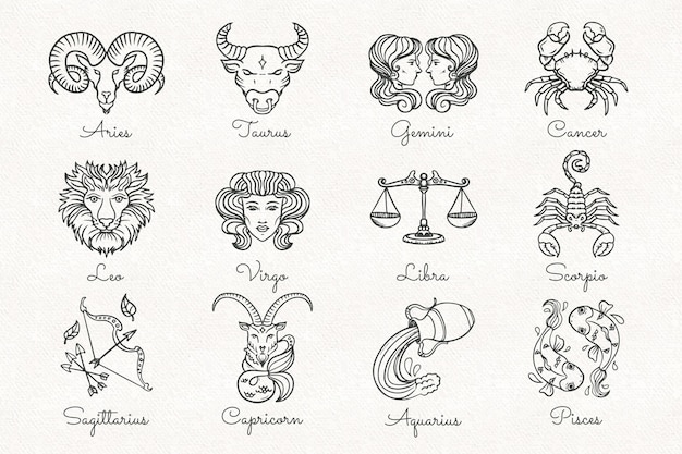 Conjunto de signos del zodíaco dibujados a mano