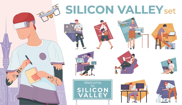 Conjunto de Silicon Valley de composiciones planas aisladas con personajes humanos que utilizan ilustraciones vectoriales de artilugios de última generación