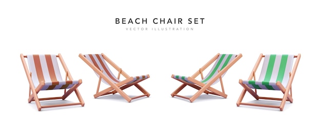 Conjunto de sillas de playa de renderizado realista 3d con sombra aislado sobre fondo blanco Ilustración vectorial