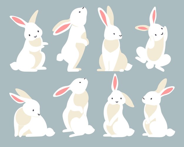 Conjunto de silueta de conejos de iconos aislados con conejos blancos similares en varias poses en la ilustración de vector de fondo gris
