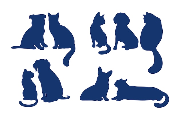 Vector gratuito conjunto de silueta de perro y gato de diseño plano