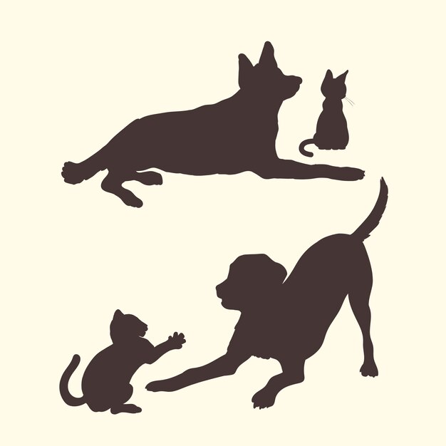 Conjunto de silueta de perro y gato de diseño plano