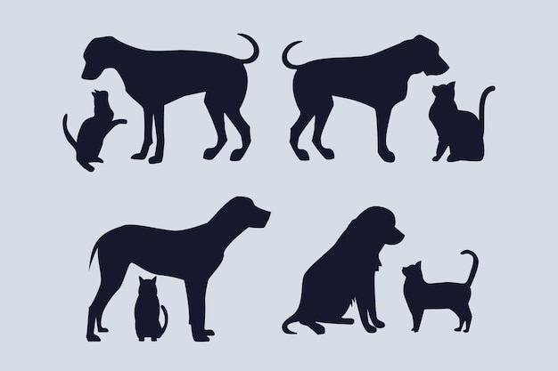 Vector gratuito conjunto de silueta de perro y gato de diseño plano