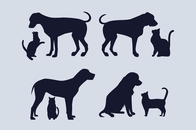 Conjunto de silueta de perro y gato de diseño plano