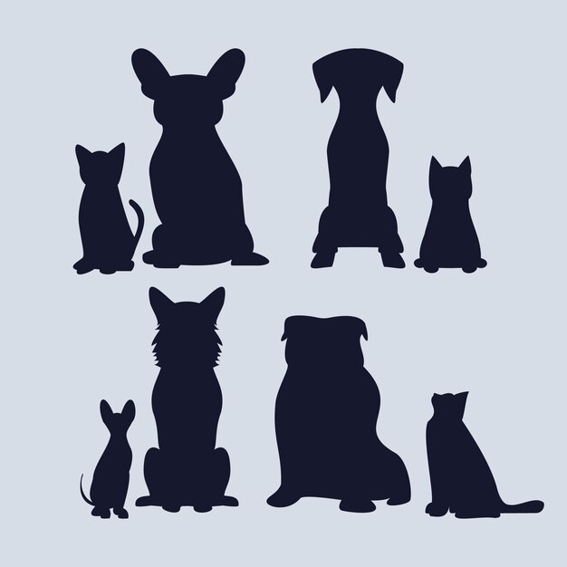 Conjunto de silueta de perro y gato de diseño plano