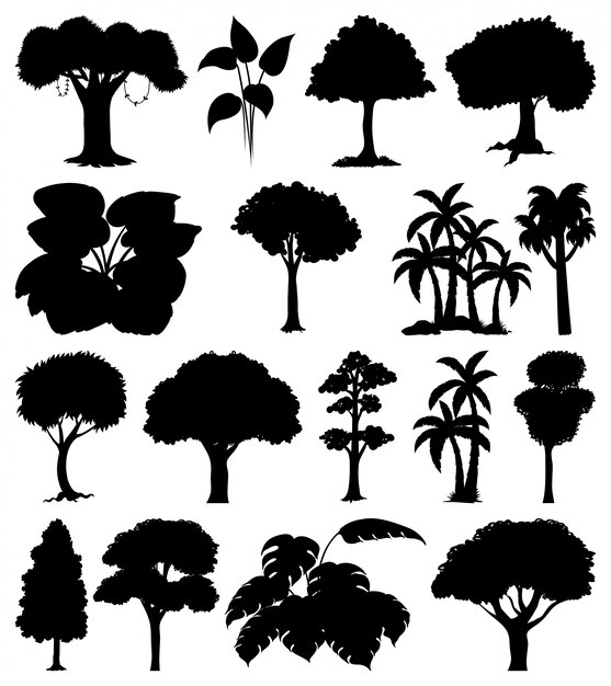 Conjunto de silueta de planta y árbol