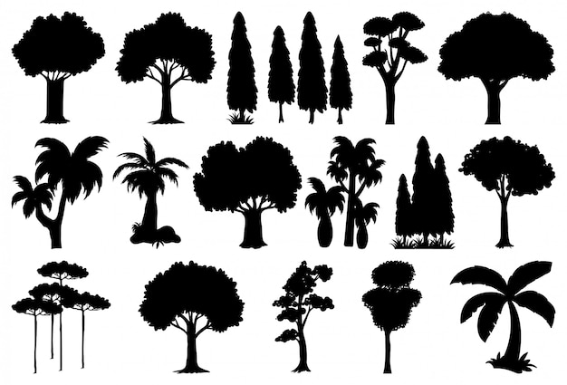 Vector gratuito conjunto de silueta de planta y árbol