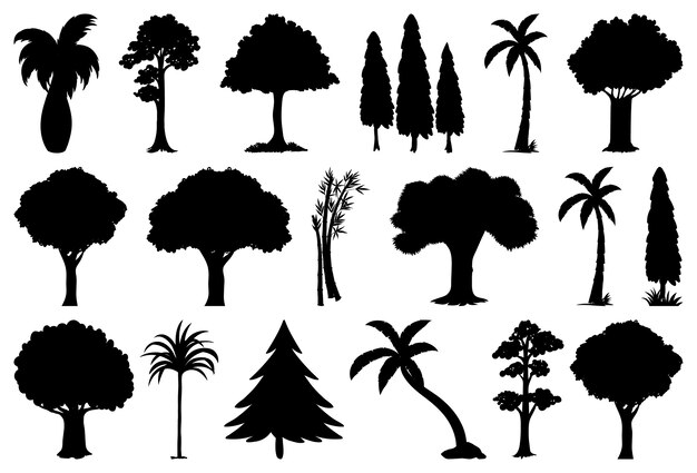 Conjunto de silueta de planta y árbol.
