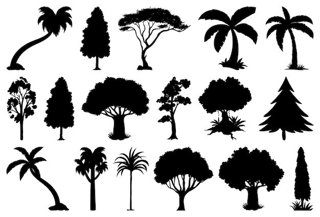 Vector gratuito conjunto de silueta de planta y árbol.